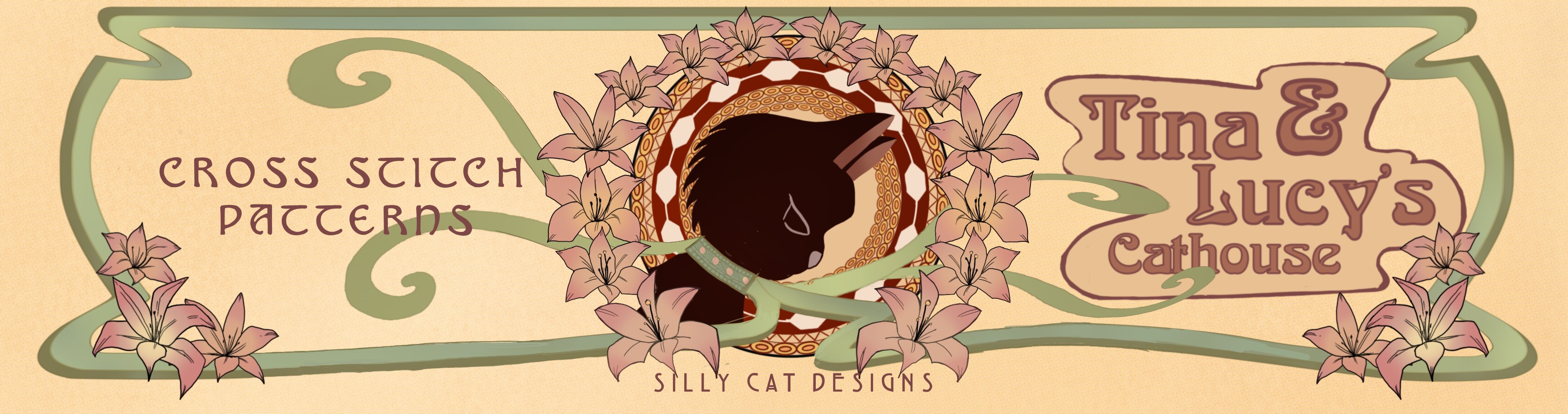 Light yellow rectangle sign bordered by a light green ribbon with a black cat in a red circle in the middle surrounded by pink lilies. Under the cat it says Silly cat design. On the left, it says Cross stitch pattern. On the right, it says Tina and Lucy’s Cathouse. 